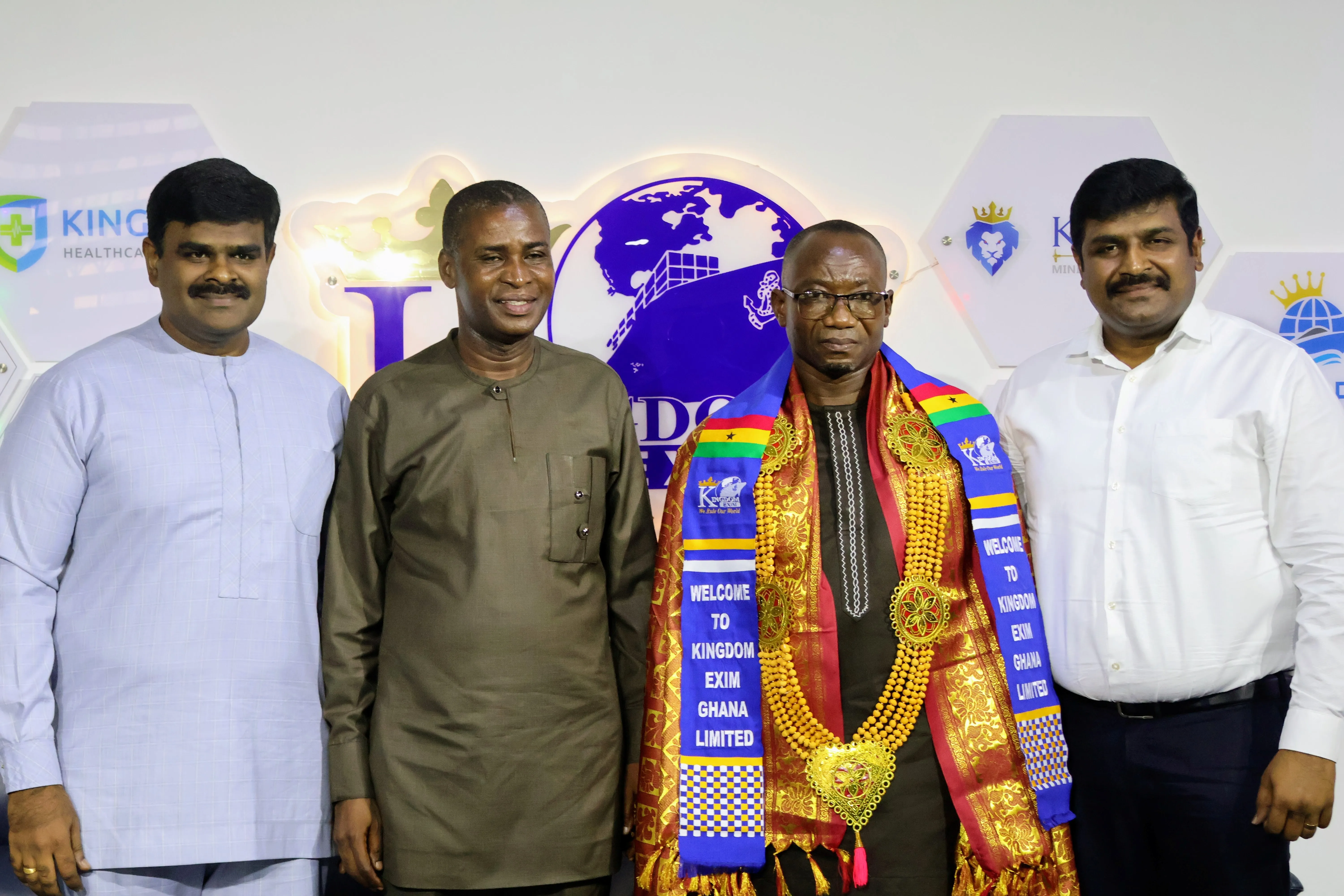 Honorable Regional Minister of Bono-east region Francis Owusu Anwi alongside Kingdom Exim's James Kwame Rajamani, James Rajamani, James Gnanaraj Rajamani, and Immanuel Rajamani